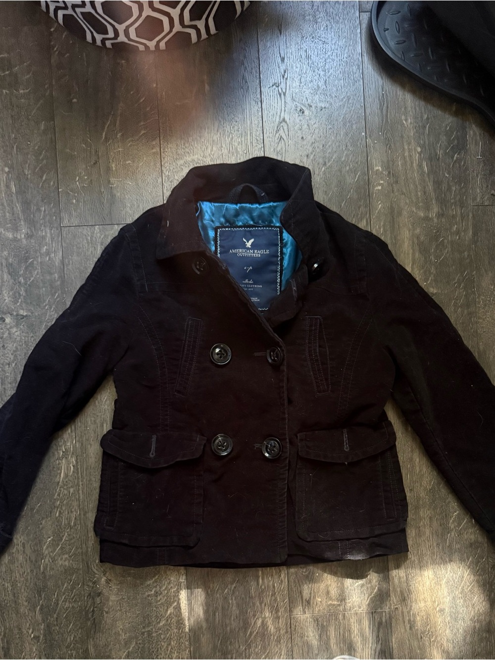 American Eagle Outfitters Black Double-Breasted Peacoat with Blue Lining